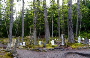 The Gold Mine Cemetery in Skagway, at the start of the trail to the Yukon gold fields. "Soapy Smith" is buried here, away from the rest of the crowd, as he ran several scams on the locals before he was killed in a duel. The gent who shot him in the duel is also buried here, in a place of honor (the shooter died 11 days after Soapy died). Many of the tombstones bear the same date of death, due to an avalanche that killed a number of people. 