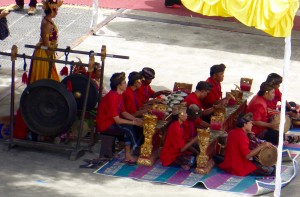 traditional Balinese musicians and chanters at the Port of Benoa when we arrived; the dancer is in the back, waiting to make an entrance and perform.  