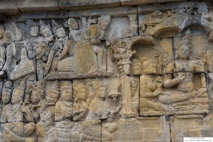 A sample of the panels of artwork that cover the exterior of Borobudur Temple.