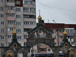 Entry to the Orthodox Church; note the fairly new housing in the background, which is showing signs of wear already