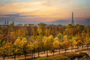 Eiffel Tower silhouetted against a pink and gold sunset above the Paris skyline