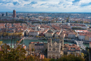 Panoramic aerial view of Lyon, France from Fourvi&egrave;re hill with the Sa&ocirc;ne River and cathedral