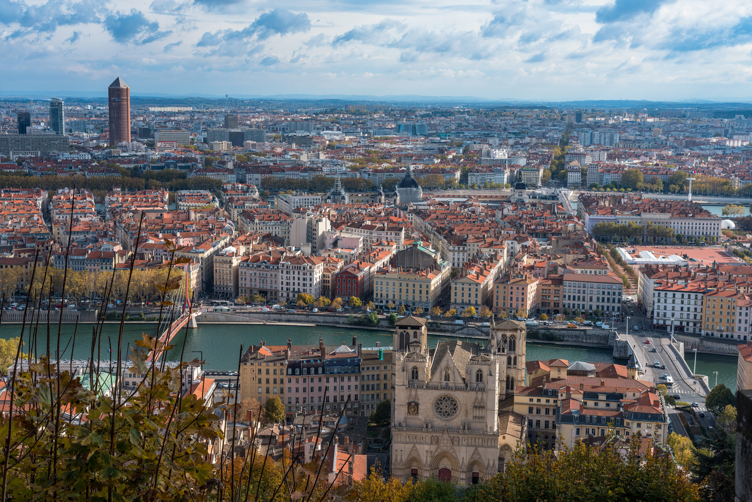 Panoramic aerial view of Lyon, France from Fourvi&egrave;re hill with the Sa&ocirc;ne River and cathedral