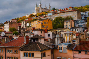 Terracotta rooftops of Vieux Lyon leading up to the Basilica of Fourvi&egrave;re in France