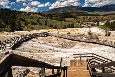 Wooden Boardwalk Stairs at Mammoth Hot Springs Terraces, Yellows