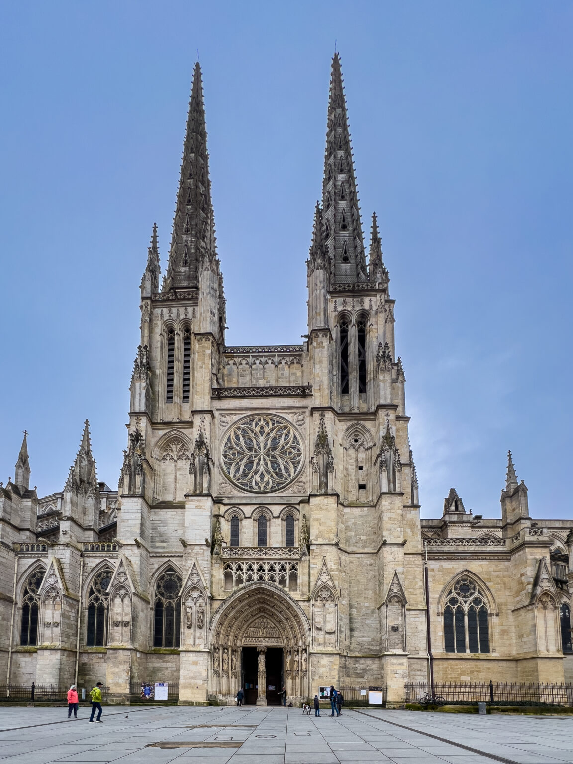 Gothic fa&ccedil;ade and twin spires of Bordeaux Cathedral in France