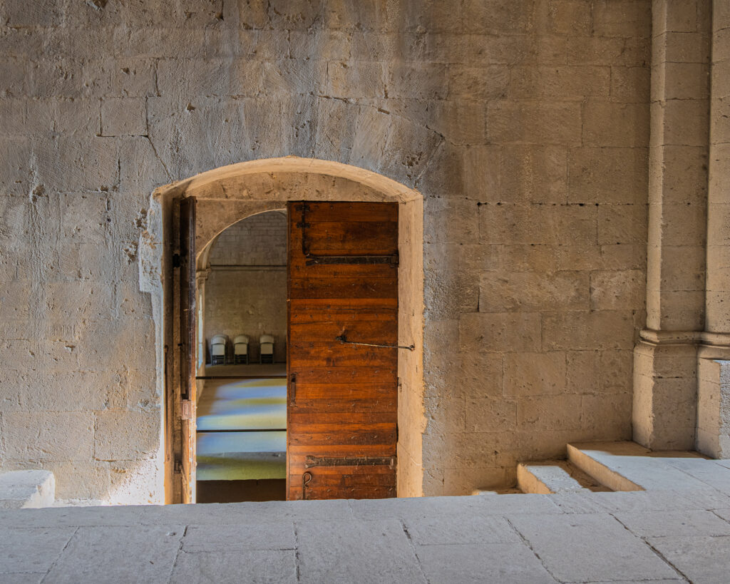 An open wooden door sits within a small arched opening in a pale stone interior.