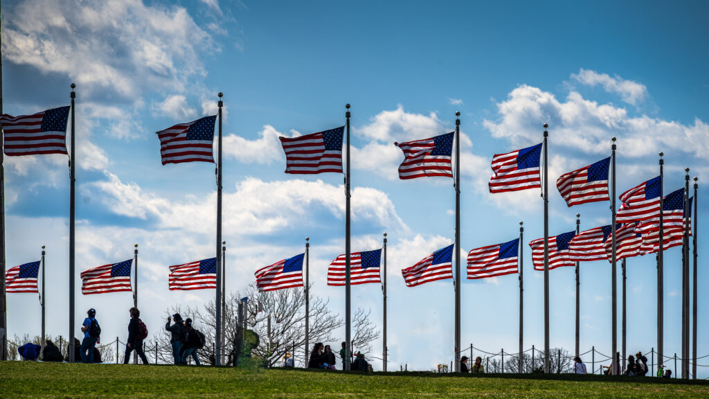 Rows of American flags fly above a grassy slope at the Washington Monument in Washington, DC.