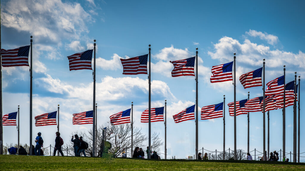 Rows of American flags fly above a grassy slope at the Washington Monument in Washington, DC.