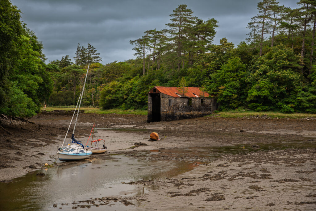Two small sailboats settle into the mud of a sheltered Irish inlet at low tide.