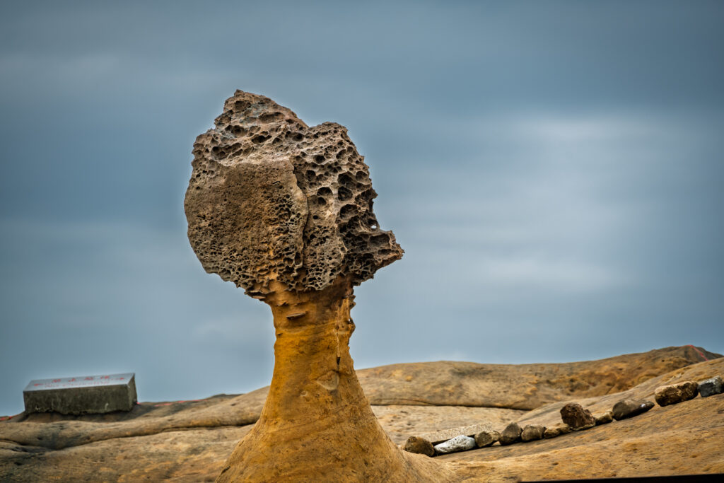 A honeycombed rock cap balances on a narrow sandstone stem at Yehliu Geopark.