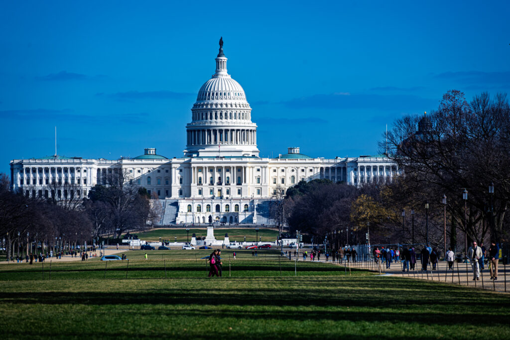The United States Capitol rises beyond the National Mall lawns and leafless trees in Washington, DC.