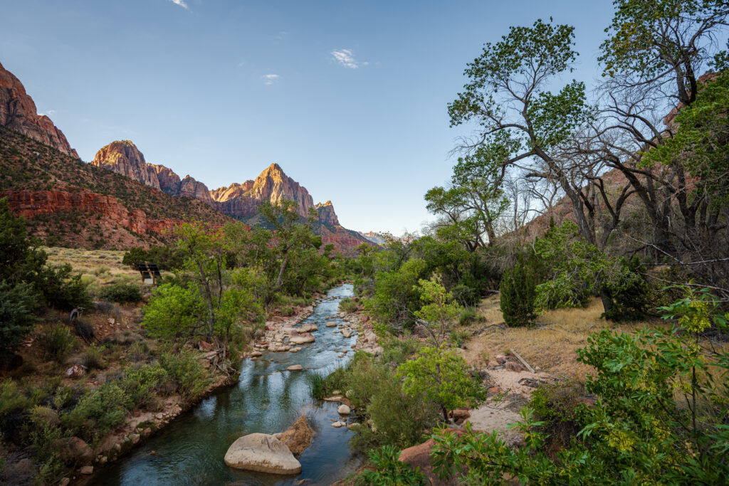 Virgin River and Sandstone Peaks in Zion National Park The Virgin River winds through green trees beneath red sandstone peaks.