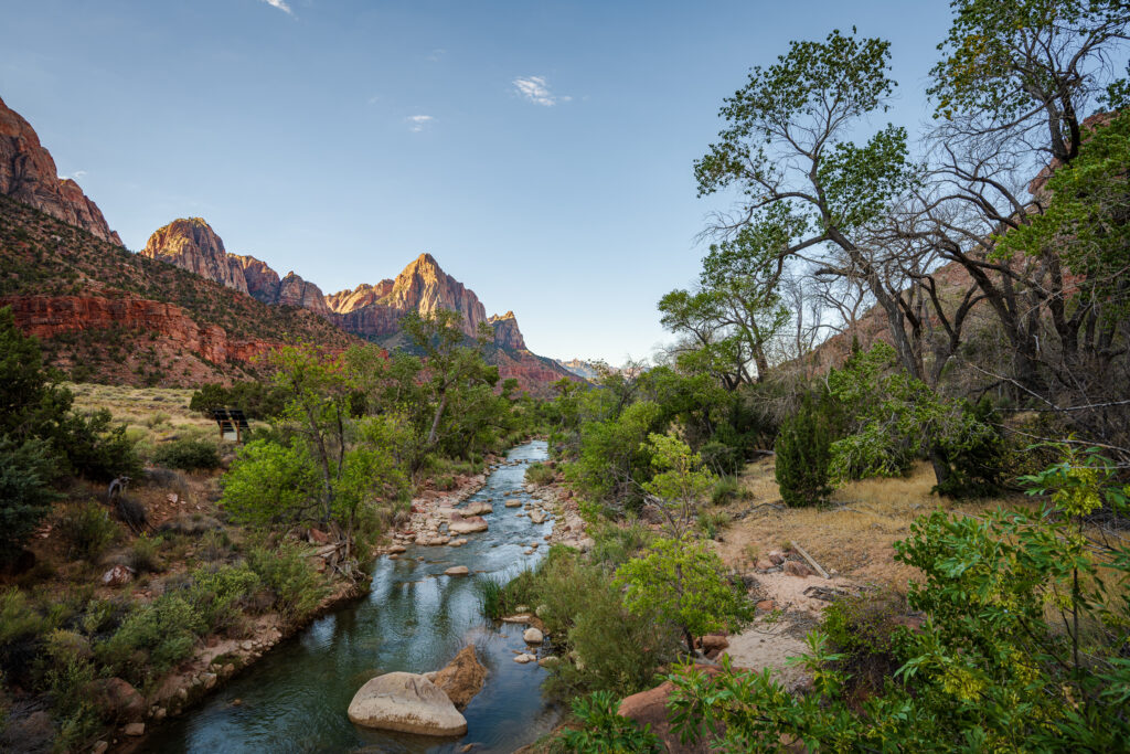 The Virgin River winds through green trees beneath red sandstone peaks.