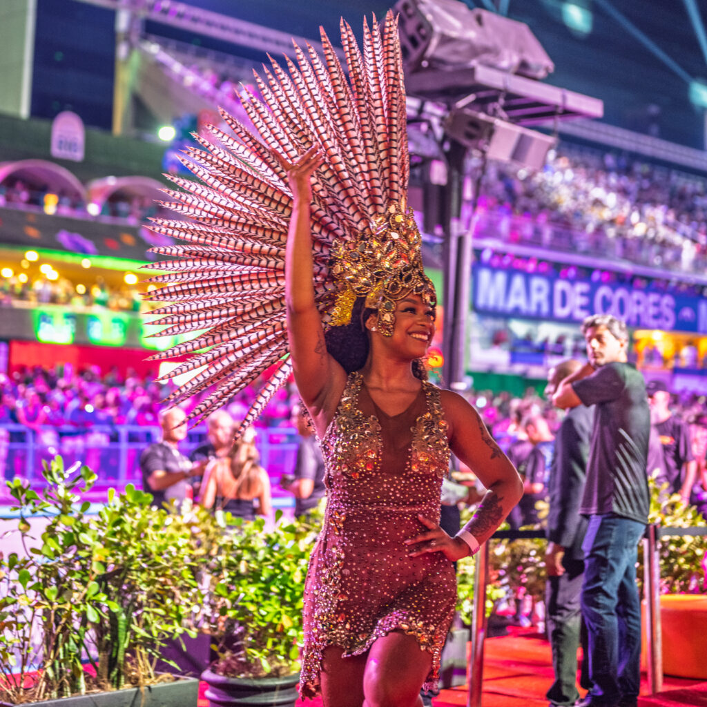 A Carnival performer wears a pink costume and a tall feathered headdress in Rio de Janeiro.