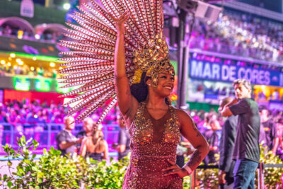 A Carnival performer wears a pink costume and a tall feathered headdress in Rio de Janeiro.